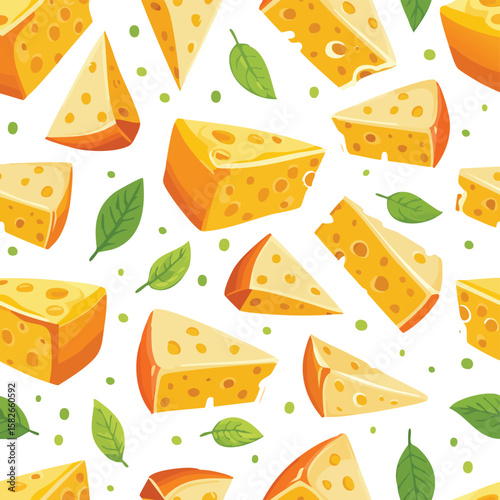 Yellow cheese wedges and green leaves seamless pattern on white background swiss cheese