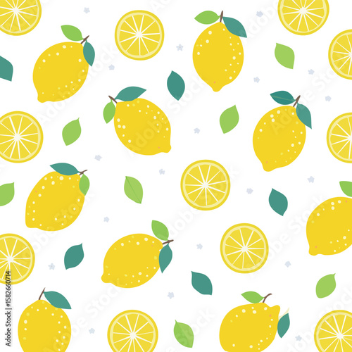 Yellow lemon fruits and slices scattered on white background with leaves citrus