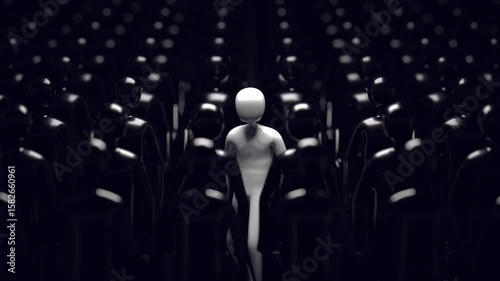 A unique white figure standing out among a crowd of black figures. A conceptual representation of individuality, leadership, and courage to be different in a conformist society.