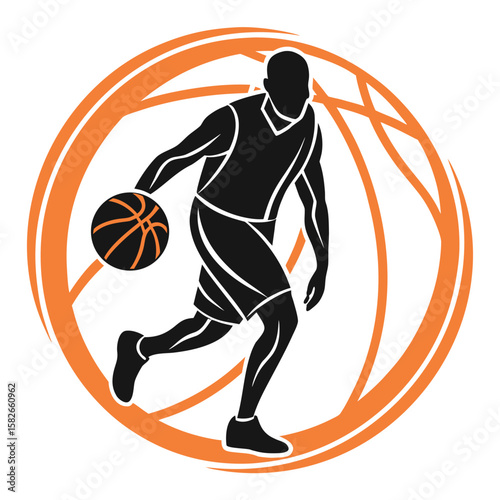 Dynamic Silhouette of a Basketball Player Dribbling the Ball in a Stylized Hoop