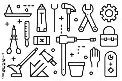 Collection of black line art icons representing tools and equipment on a white background vector