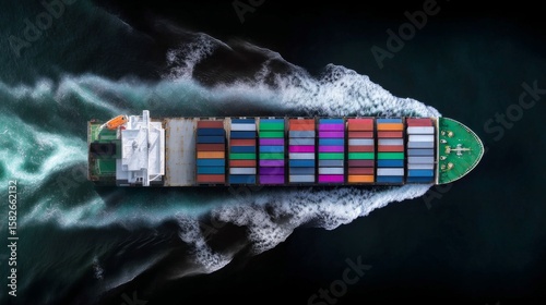 Container ship navigating through choppy waters ocean aerial view maritime industry dynamic ocean environment
