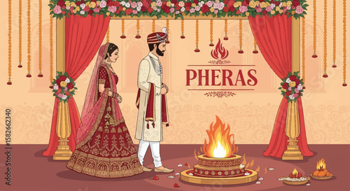 Illustration of a couple performing Pheras, a Hindu wedding ritual, with fire, floral decorations, and red curtains.