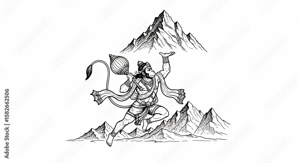 Fototapeta premium Hanuman, the Hindu monkey god, carries a mountain in a black and white illustration.