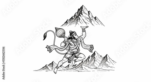 Hanuman, the Hindu monkey god, carries a mountain in a black and white illustration.