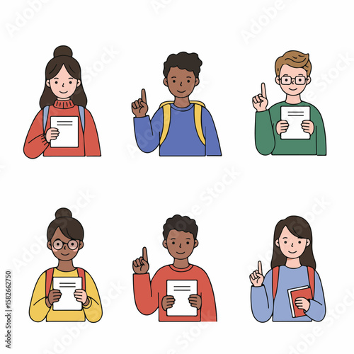 Diverse Students Pointing Up with Ideas, Concept Illustration