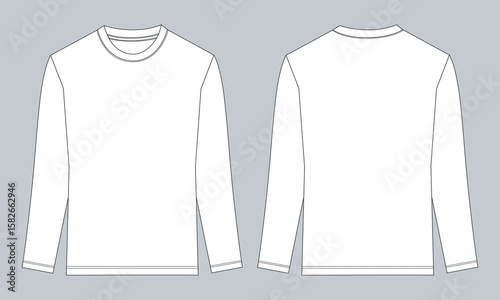 Long sleeve t shirt technical drawing fashion flat sketch vector illustration template front and back 