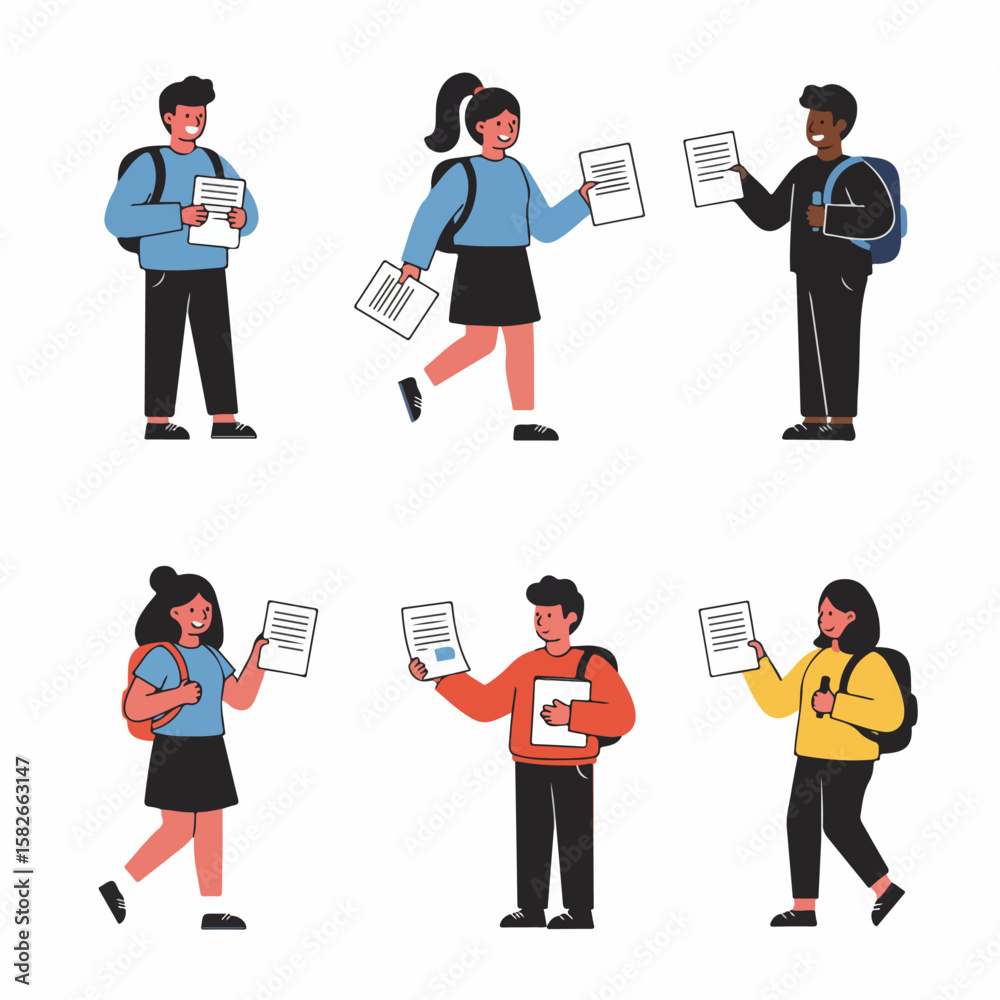 Obraz premium Set of diverse young students holding papers and carrying backpacks, illustrating education, learning, and youth.