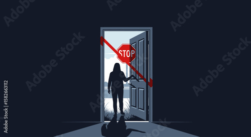 Silhouette of a person holding a crowbar, breaking a stop sign blocking a doorway.