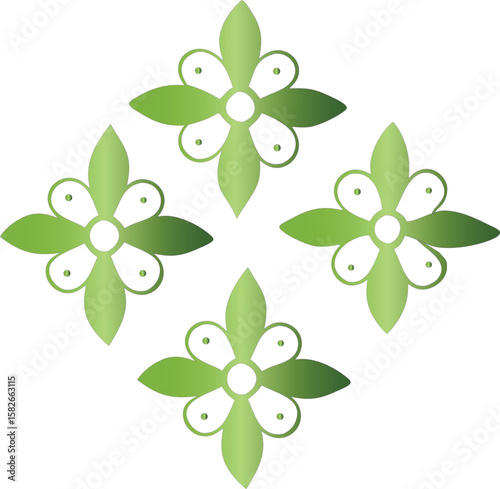 Four abstract green floral elements with gradient effect isolated on transparent background