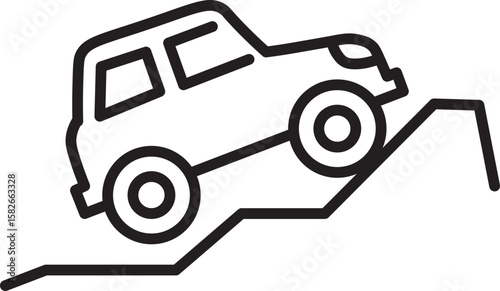 Offroad vehicle climbing steep hill, adventure, rugged terrain, outdoor, black line icon