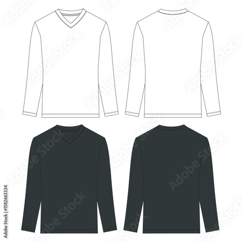 V- Neck Long sleeve t shirt technical drawing fashion flat sketch vector illustration white and black color  template front and back 