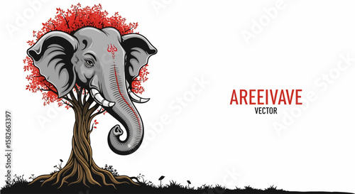 An artistic illustration depicts a gray elephant head integrated into a tree, with red foliage.
