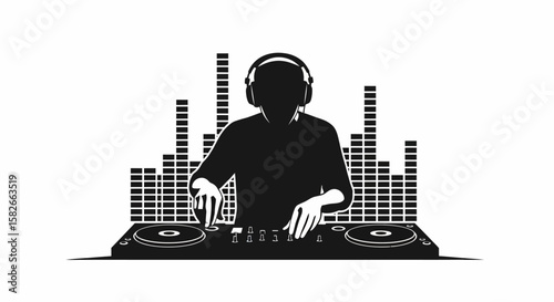 Silhouette of a DJ wearing headphones, mixing music on a console.