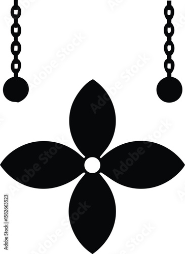 Black stylized flower with hanging chains and spheres isolated on transparent background