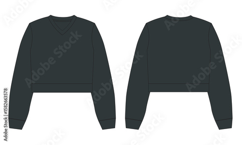 Long sleeves Cotton-terry Fleece sweatshirt technical fashion flat illustration With regular fit crew neckline. Flat Sketch jumper apparel vector black Color template front, back view. 