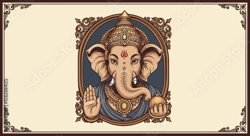 Illustration of Lord Ganesha with ornate frame, holding a sweet, in a decorative border.
