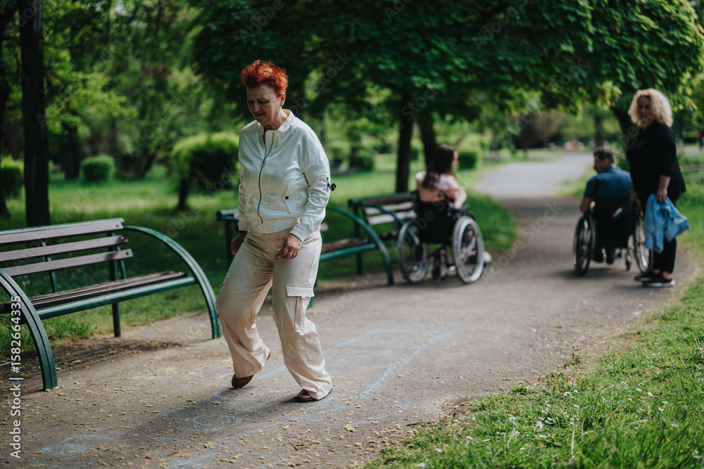 Obraz premium A serene park setting with benches and individuals spending time together outdoors, enjoying the fresh air.