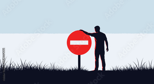 Silhouette of a person placing hand on a no-entry road sign.