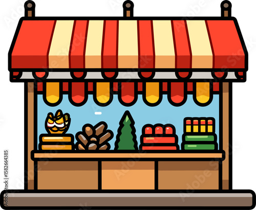 Charming Market Stall with Striped Awning - Vector Illustration