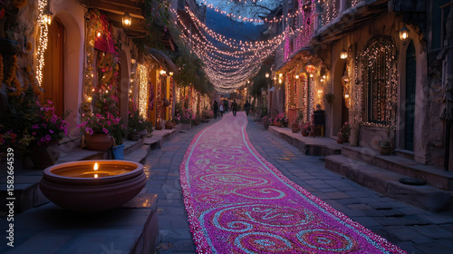 beautiful street decorated with a long floral pattern and many lights at night. Traditional celebration of Diwali. Deepavali, Festival of Lights, Dipawali - Hindu Celebration, Indian Cultural Festival