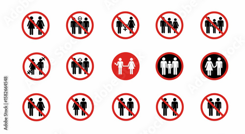 A collection of various circular signs indicating prohibited social interactions.
