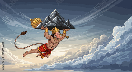 A muscular, anthropomorphic monkey figure flies through the sky, carrying a mountain.
