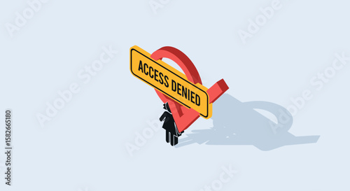 Isometric illustration of a woman standing near a location pin with an "Access Denied" sign.