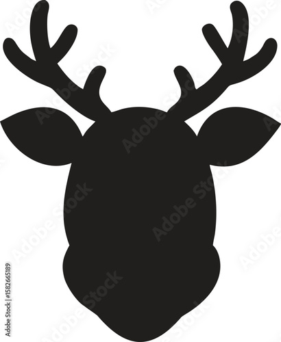 Black silhouette of a reindeer head with antlers isolated on transparent background