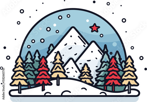 Winter Landscape with Snow-Capped Mountains and Evergreen Trees