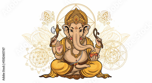 Illustration of Lord Ganesha sitting in a lotus position with religious symbols in the background.