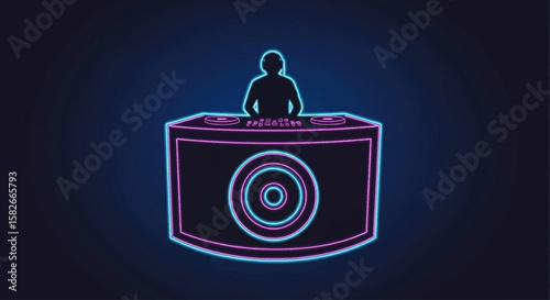 Neon-style graphic of a DJ silhouetted behind a soundboard, with a circular design on the front.