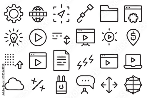 Collection of black outline icons representing business and technology concepts on a white background