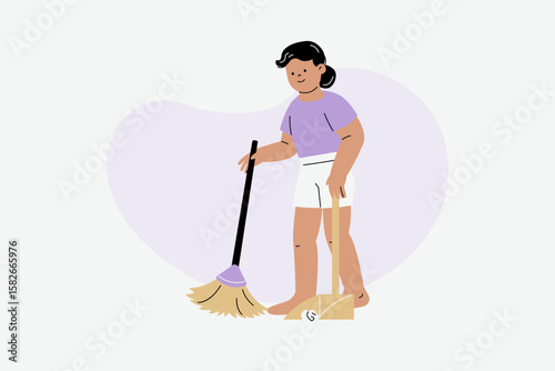 Young Woman Sweeping Floor with Broom and Dustpan for Tidiness