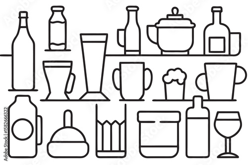 Collection of black outline beverage containers and glassware on white background bottle pitcher