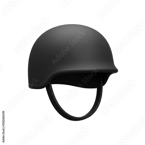 Isolated protection gear depicting a matte black military helmet on white backdrop