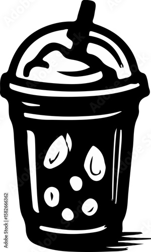 A delightful frappuccino or blended drink topped with whipped cream, depicted in an inviting black and white woodcut style