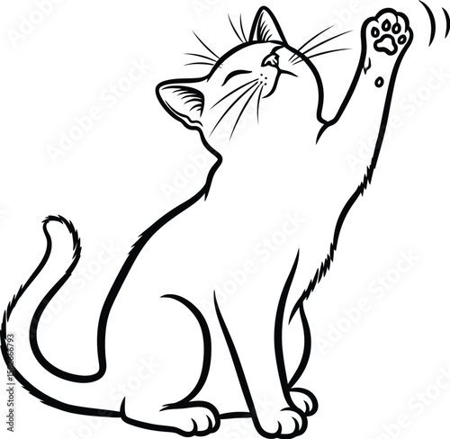 A playful feline stretches its paw, rendered in a sleek black and white line art style with a transparent background.