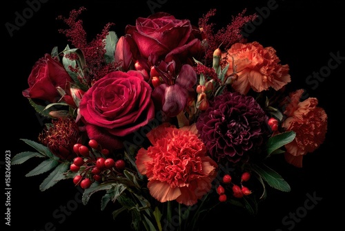 A rich bouquet of deep red roses, coral and burgundy carnations, accented with dark foliage and red berries, dramatically set against a black background