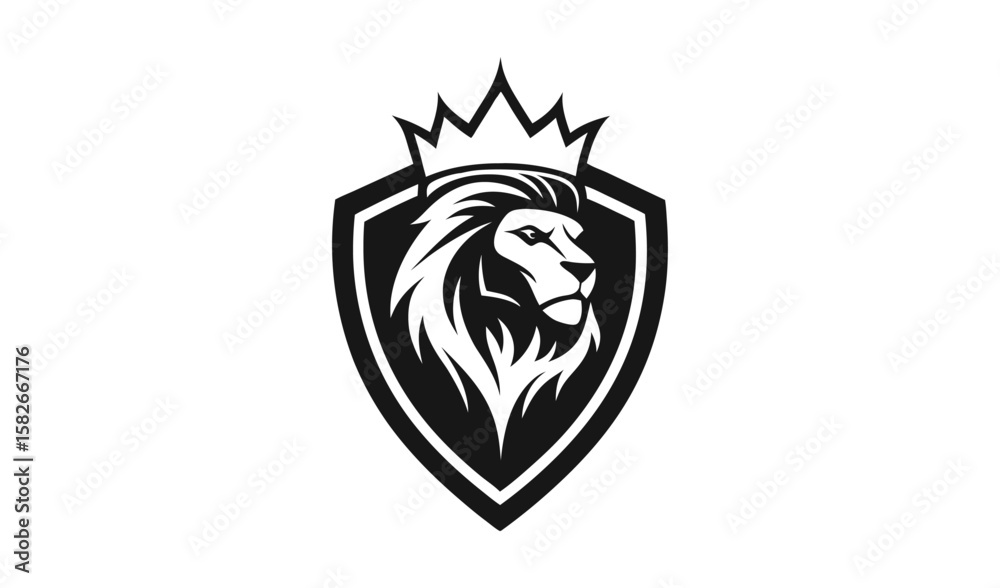 Majestic lion head emblem with crown on shield symbolizing power and royalty Majestic lion head emblem with crown on shield symbolizing power and royalty
