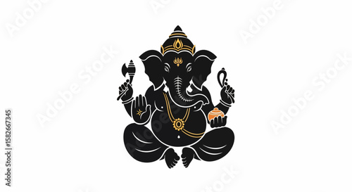 Stylized illustration of Ganesha, the Hindu deity, in black with golden accents, seated in a lotus position.