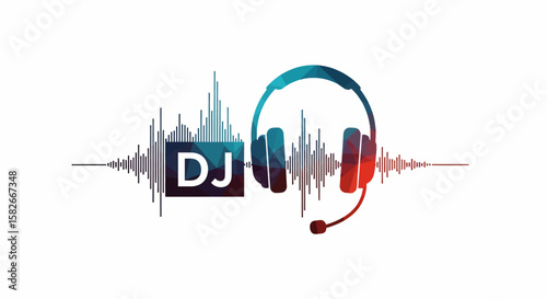 Artistic representation of a DJ setup with headphones and sound waves.
