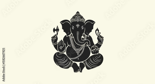 Stylized illustration of the Hindu god Ganesha, depicted in black against a light background, seated in a meditative pose.