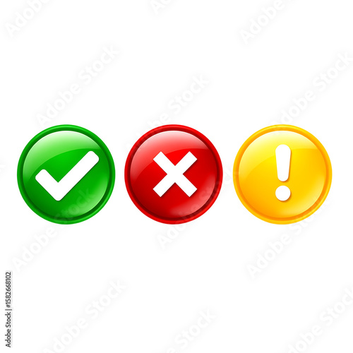 3d icon of three circular icons a green checkmark, a red cross, and a yellow exclamation mark isolated on transparent background