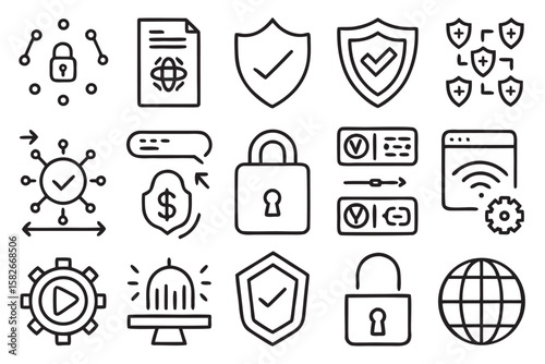 Collection of security and technology icons in a simple outline style lock shield
