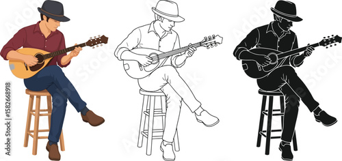 Man playing mandolin vector illustration musician with hat on stool musical instrument design art