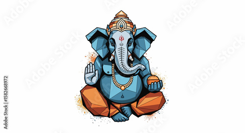 Geometric illustration of Hindu god Ganesha sitting in lotus position, adorned with jewelry and a crown.