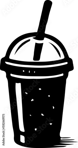 A modern smoothie or blended drink in a takeaway cup with a domed lid, shown in a clean black and white woodcut style