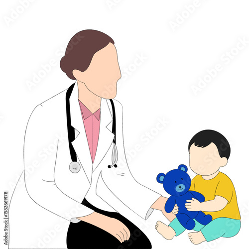 Doctor with Baby. Doctor checkup the Baby. Flat vector of a female pediatrician examining a smiling toddler holding a teddy bear during a friendly medical checkup session.