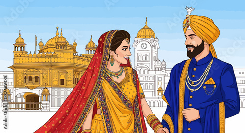 A Sikh couple in traditional wedding attire holding hands, with the Golden Temple and other buildings in the background.